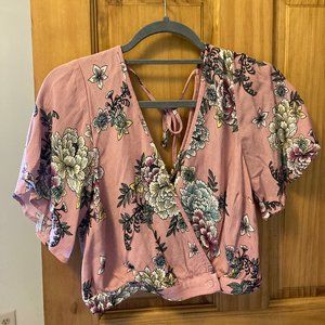 Pink Floral Crop Top with Flare Sleeves